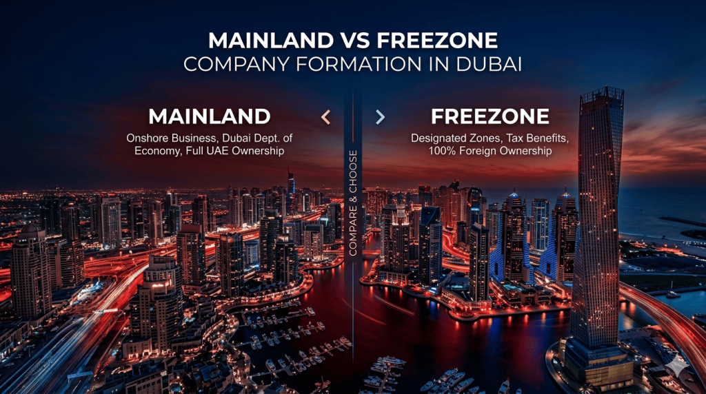 Dubai mainland vs free zone company comparison with Dubai skyline for UAE business setup